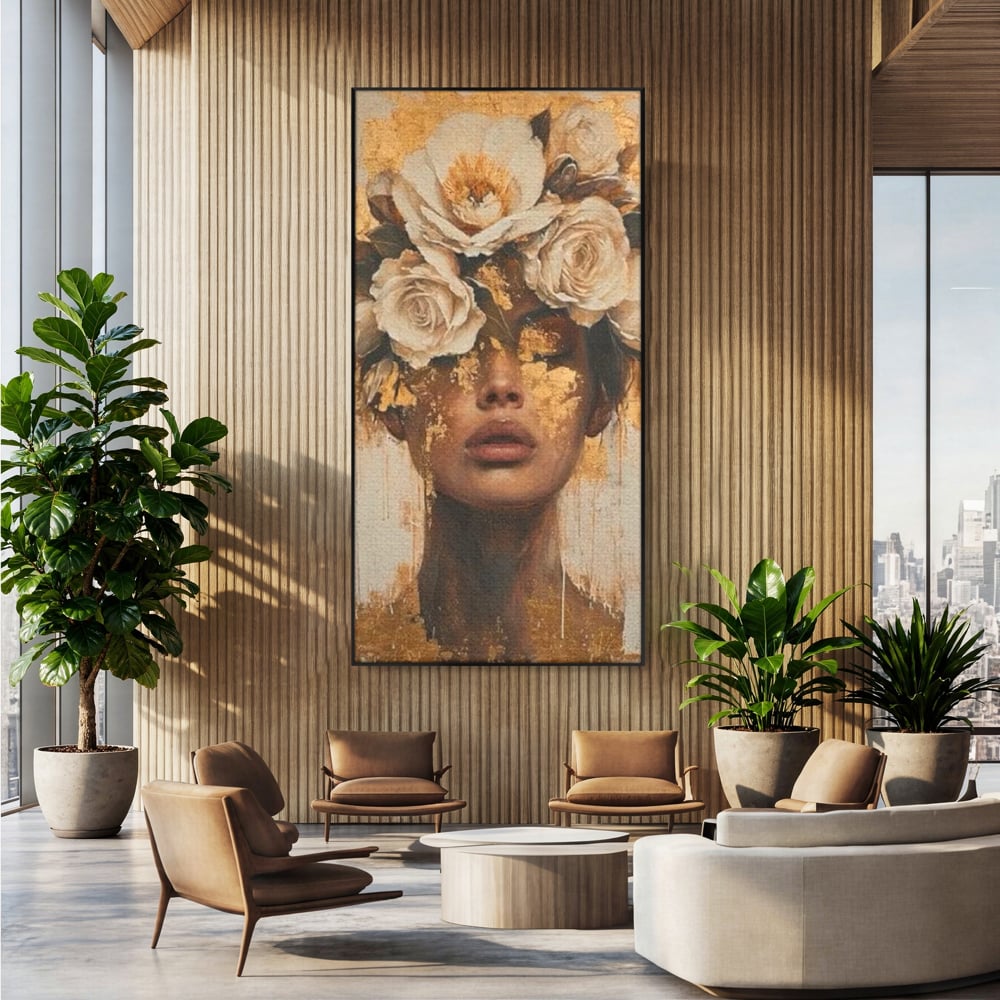Tablou canvas cu portret feminin cu foita de aur si flori, in rama de aluminiu negru, pe perete intr-un birou